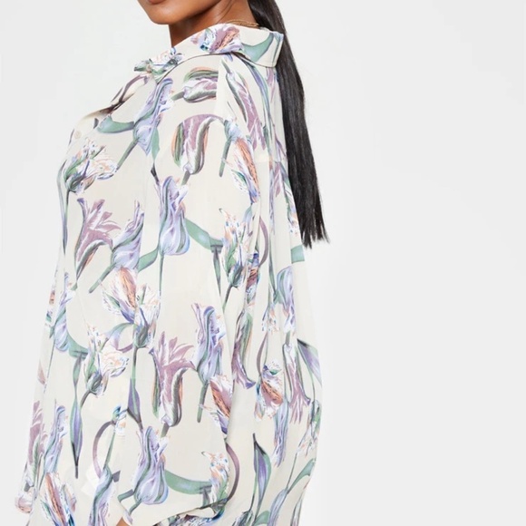 1105 NWT PrettyLittleThing Plus Dusty Pink Floral Oversized Shirt - Size 22 - Picture 5 of 11